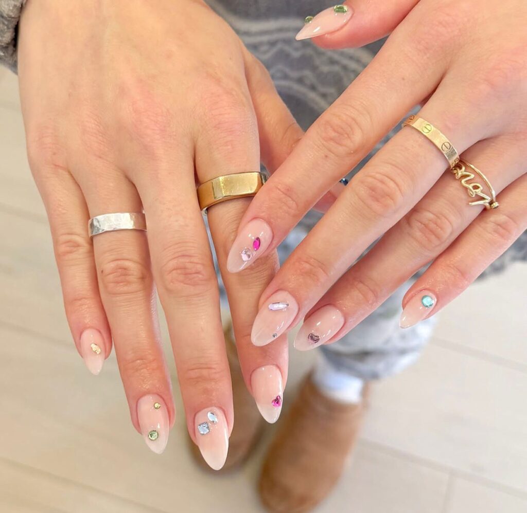 Sheer Milky Pink with Scattered Gems — January Nails