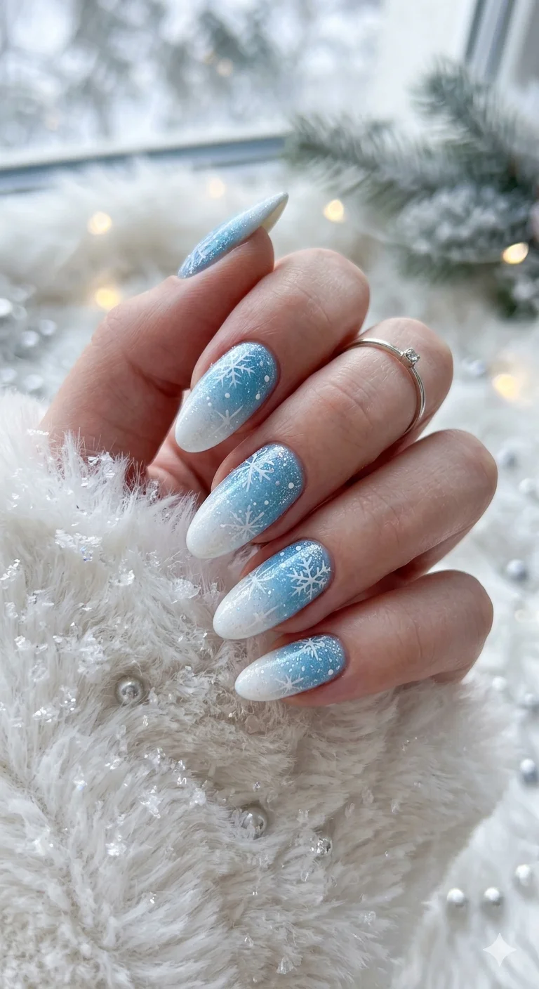 Blue Ombre with Snowflake Decals Blue Ombre with Snowflake Decals — Winter Acrylic Nail Colors