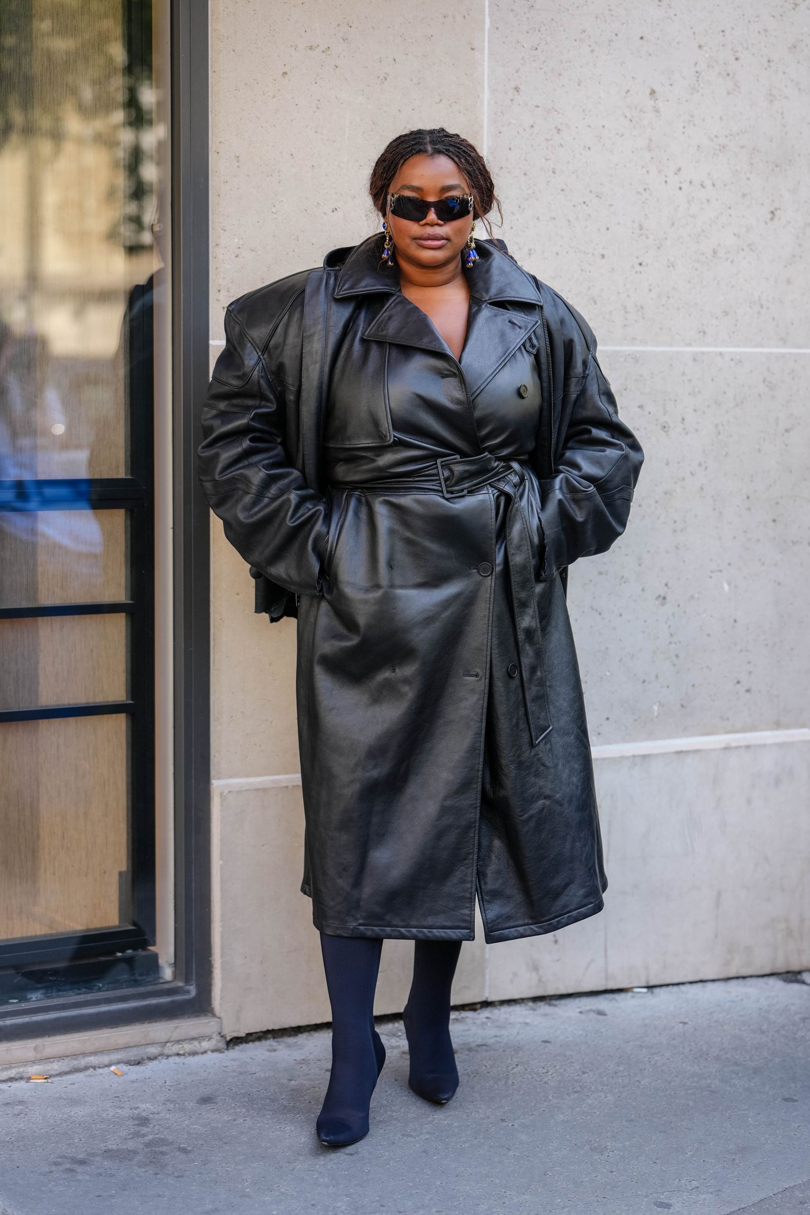 Dramatically Oversized Black Leather Trench Coat — Long Coat Outfits