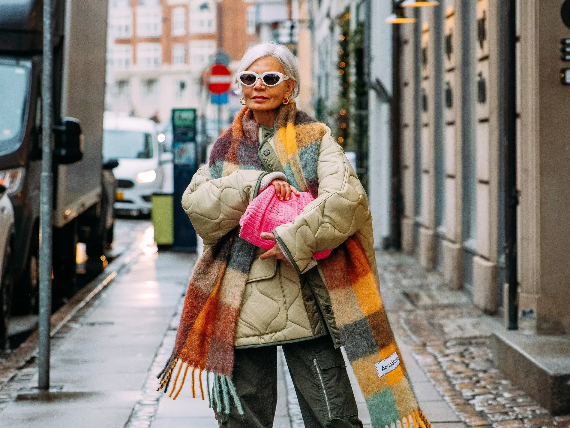 Quilted Jacket with Colorful Plaid Scarf Statement — Scandinavian Winter Outfits