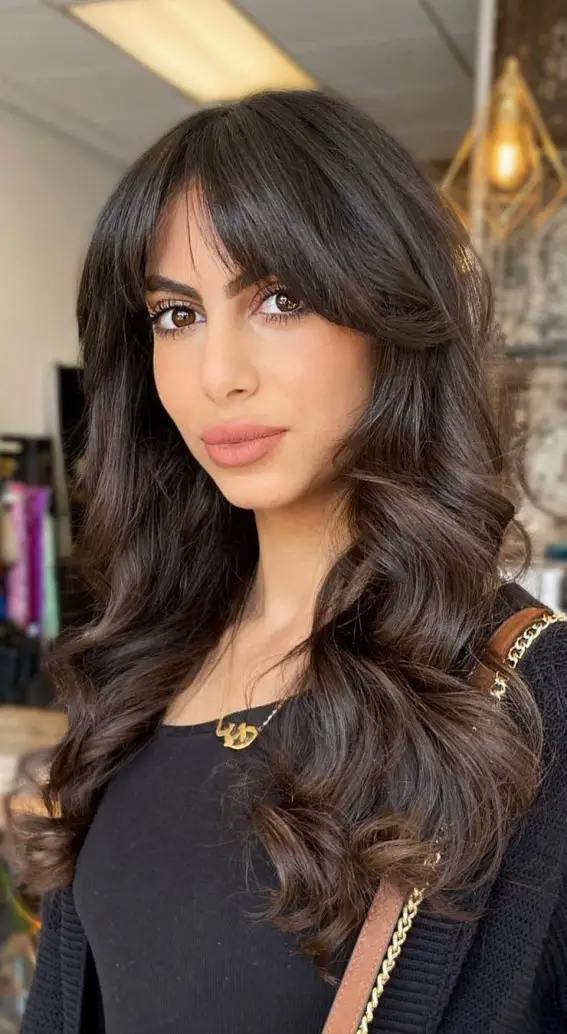 Thick Wavy Dark Brown with Full Bangs Thick Wavy Dark Brown with Full Bangs — Winter Haircuts for Long Faces