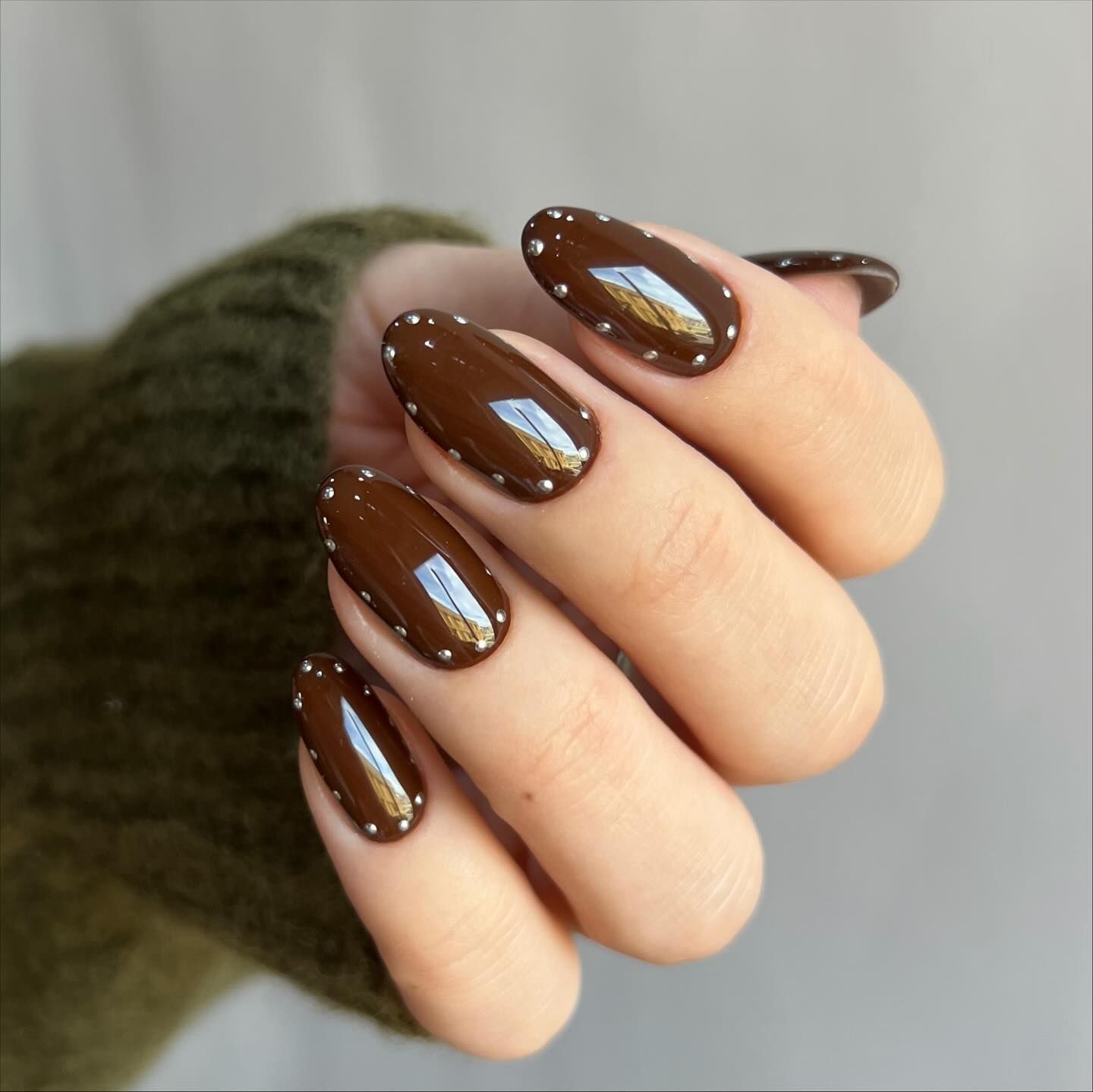 Warm Brown with Silver Studs — Brown Nail Designs