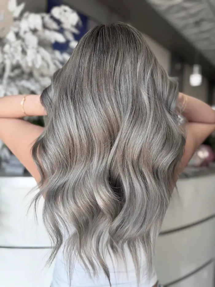 Smoky Silver Grey Long Layers Smoky Silver Grey Long Layers — Winter Hair Colors for Gray Hair