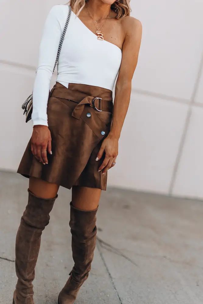 Brown Suede Boots with Wrap Mini Skirt Brown Suede Boots with Wrap Mini Skirt — Over the Knee Boots Outfits