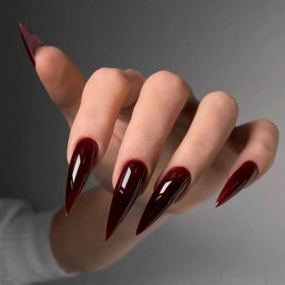 Deep Burgundy Jelly Stiletto Nails Deep Burgundy Jelly Stiletto Nails — Winter Acrylic Nails