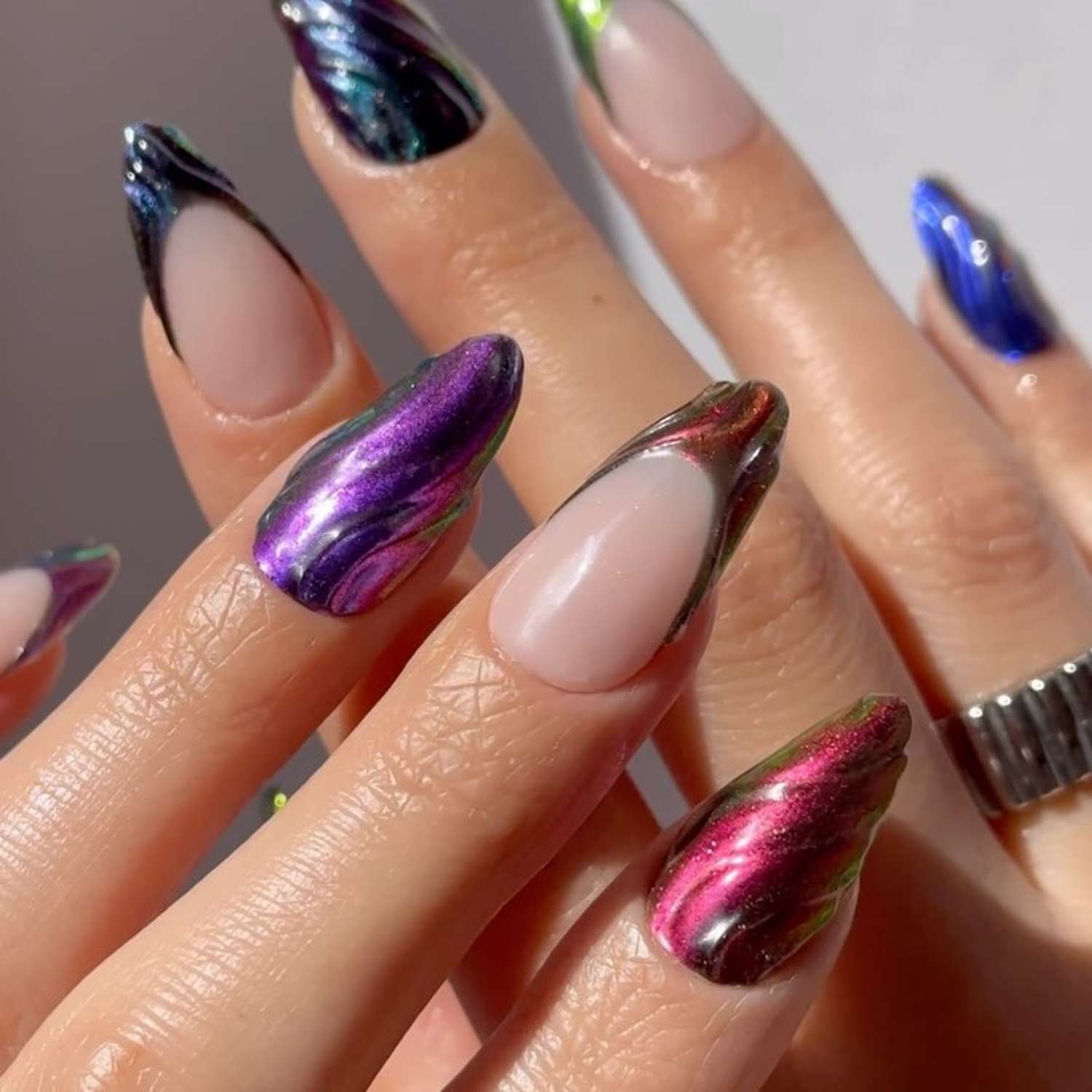 Sheer Nude Swirling Multi-Color Chrome — Chrome Nail Designs