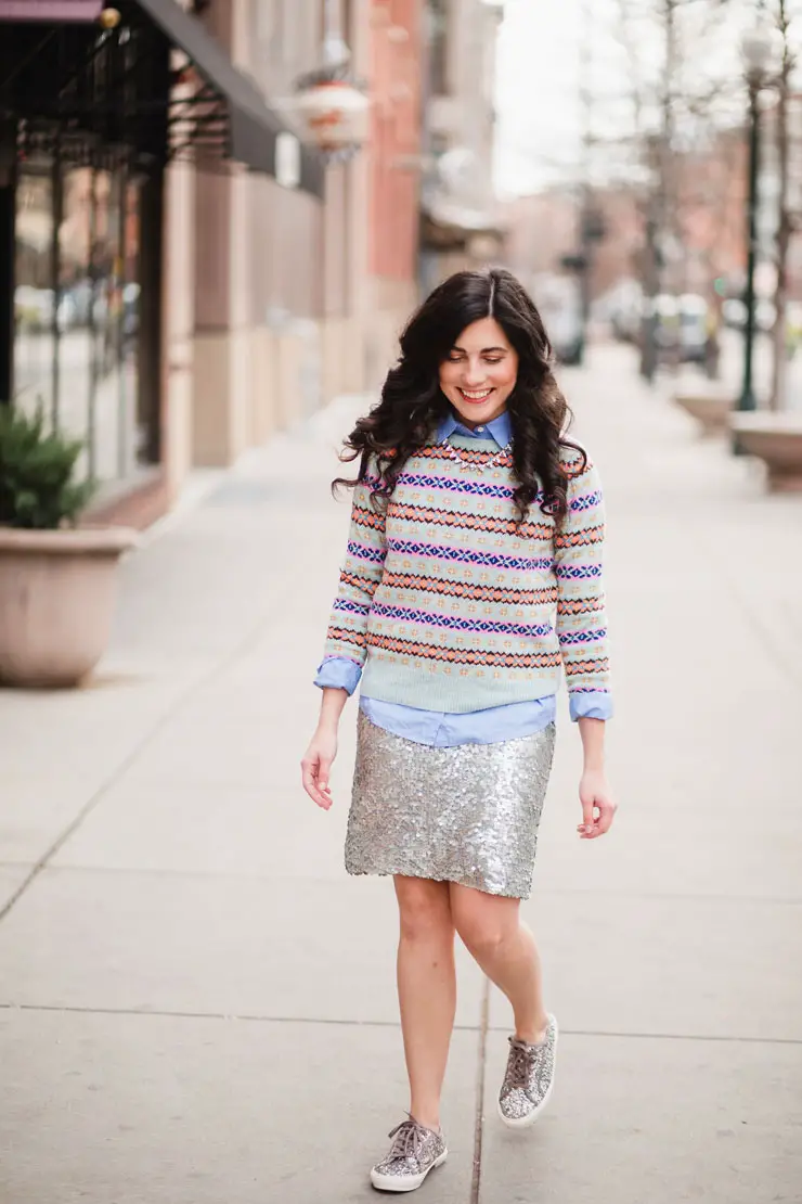 Pastel Fair Isle with Sequin Skirt and Sneakers Pastel Fair Isle with Sequin Skirt and Sneakers — Fair Isle Sweater Outfits