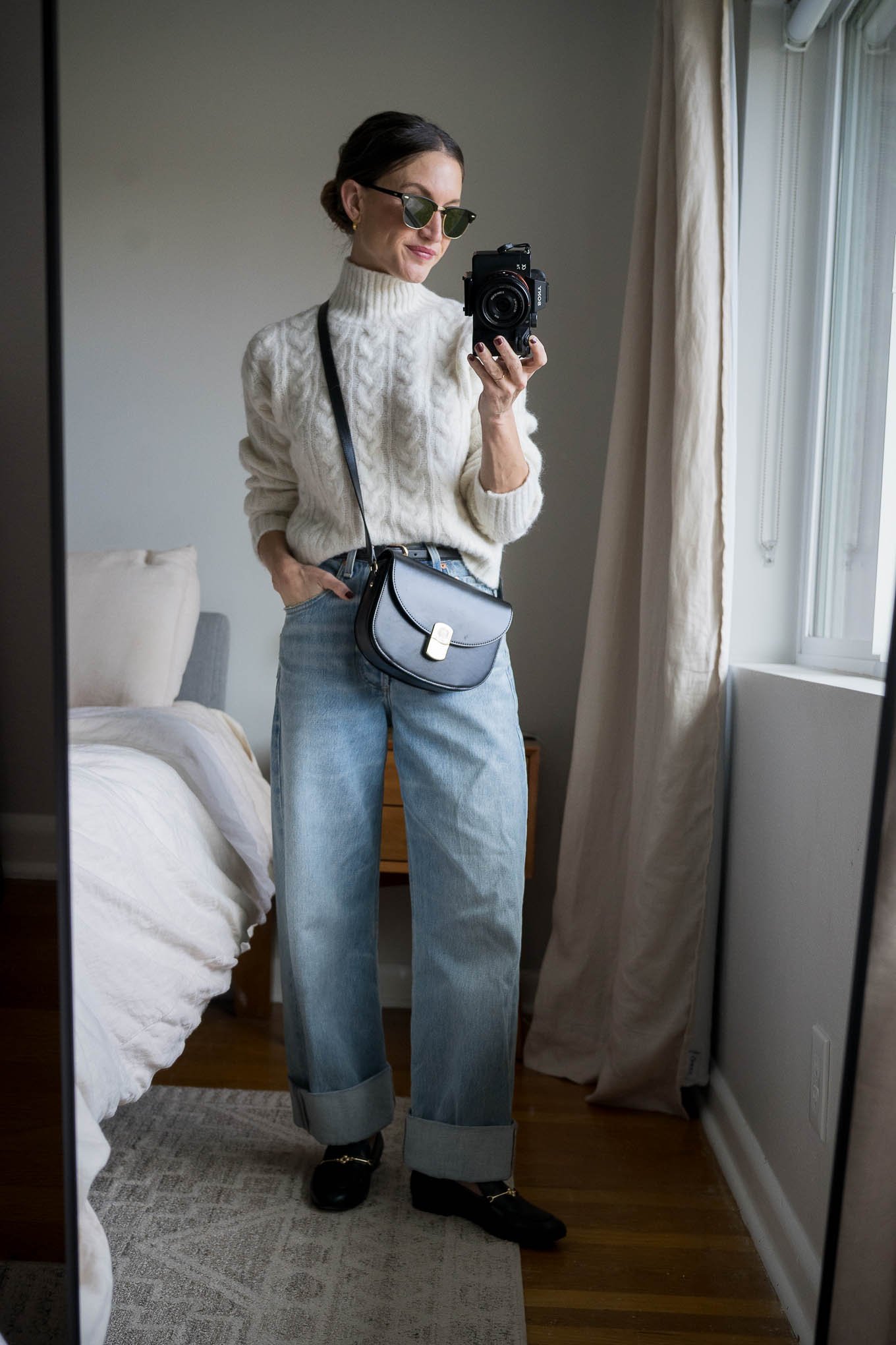 Cream Cable Knit Sweater with Light Blue Jeans and Black Loafers Cream Cable Knit Sweater with Light Blue Jeans and Black Loafers — December Outfits