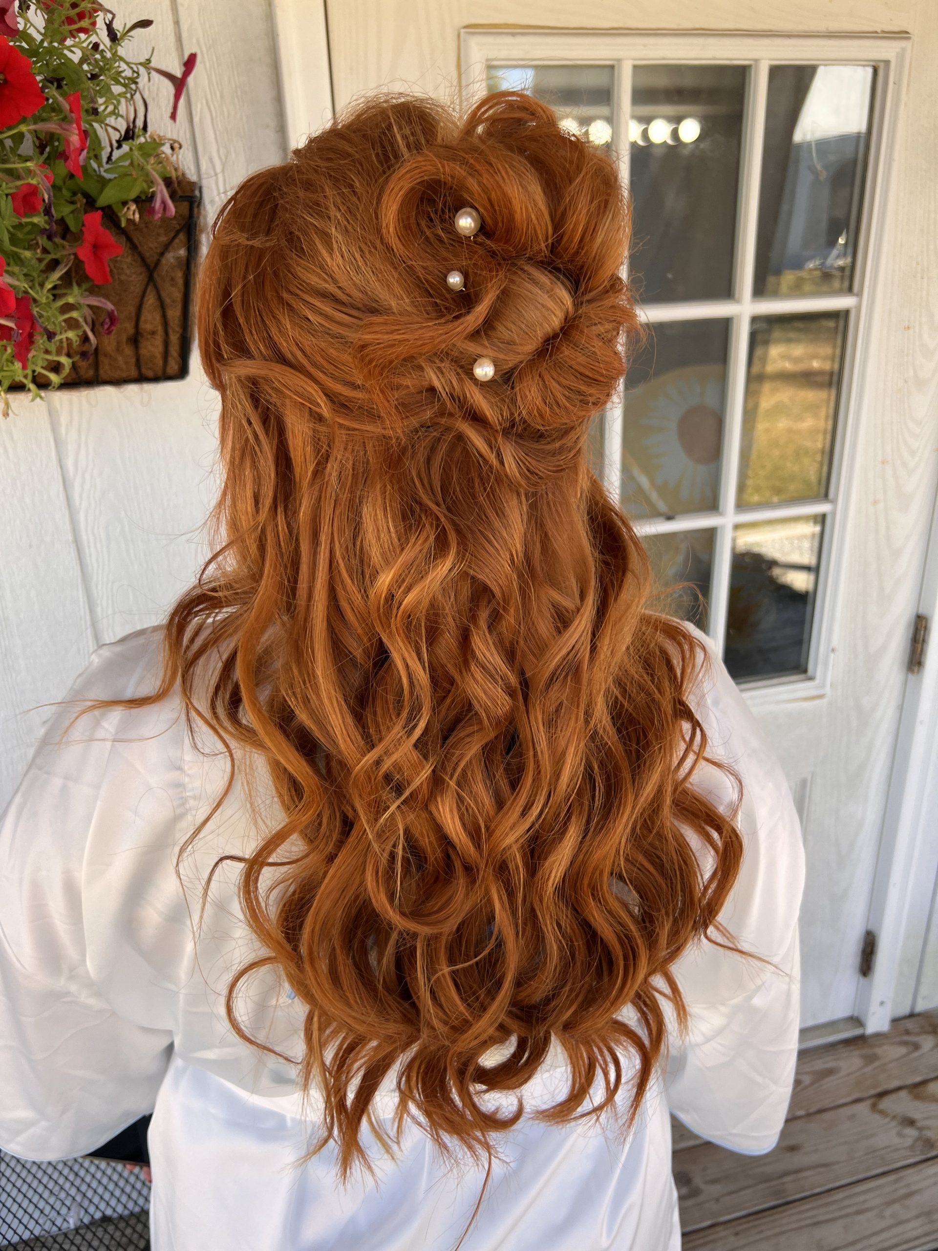 Auburn Updo With Curls and Pearls Auburn Updo With Curls and Pearls — Winter Wedding Hairstyles