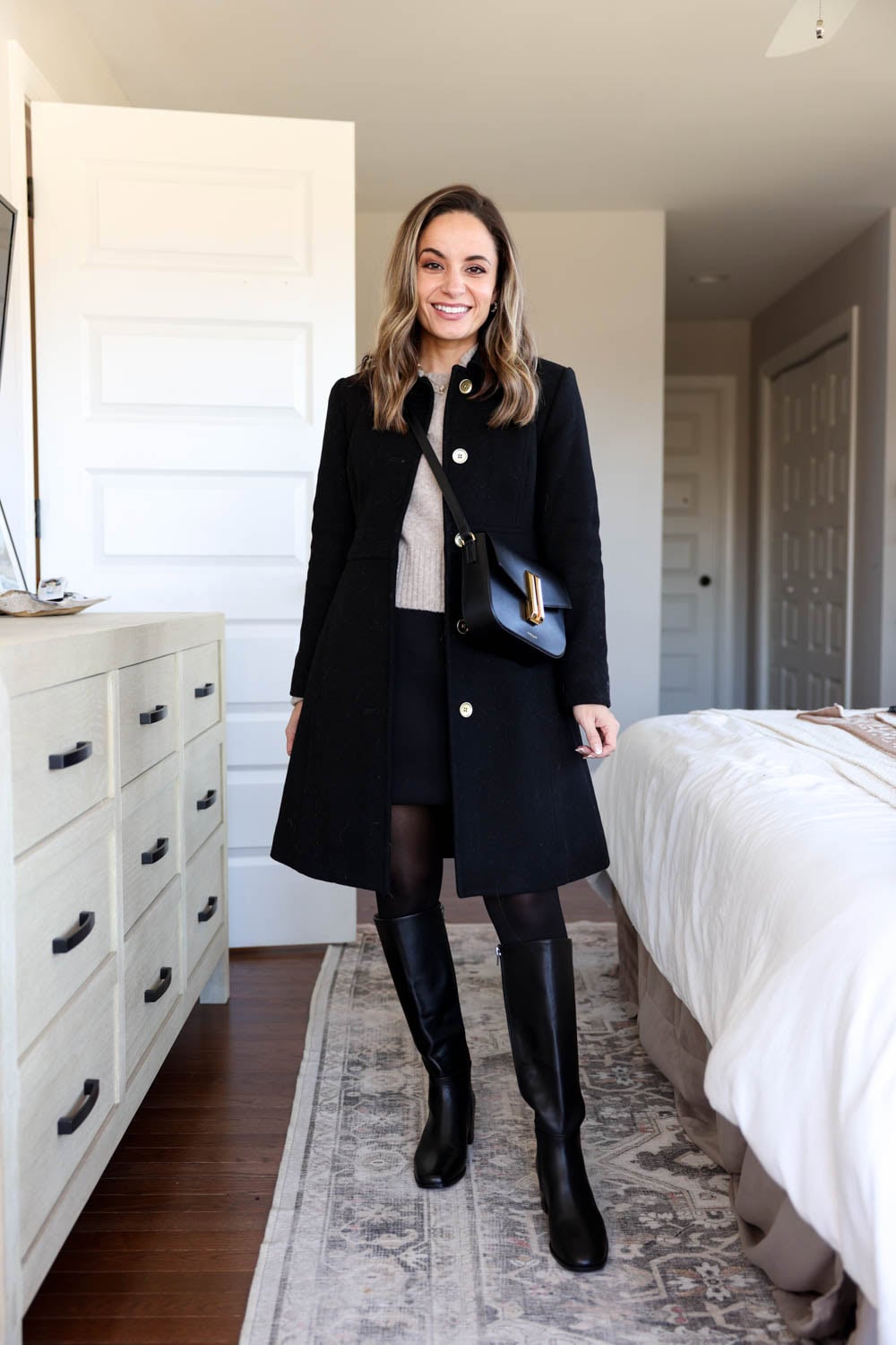 A-line Coat and Mini Skirt with Black Leather Boots — Knee High Boots Outfits