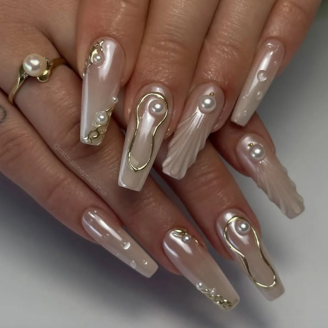3D Pearl and Gold Embellished Coffin Nails 3D Pearl and Gold Embellished Coffin Nails — Coffin Nail Designs