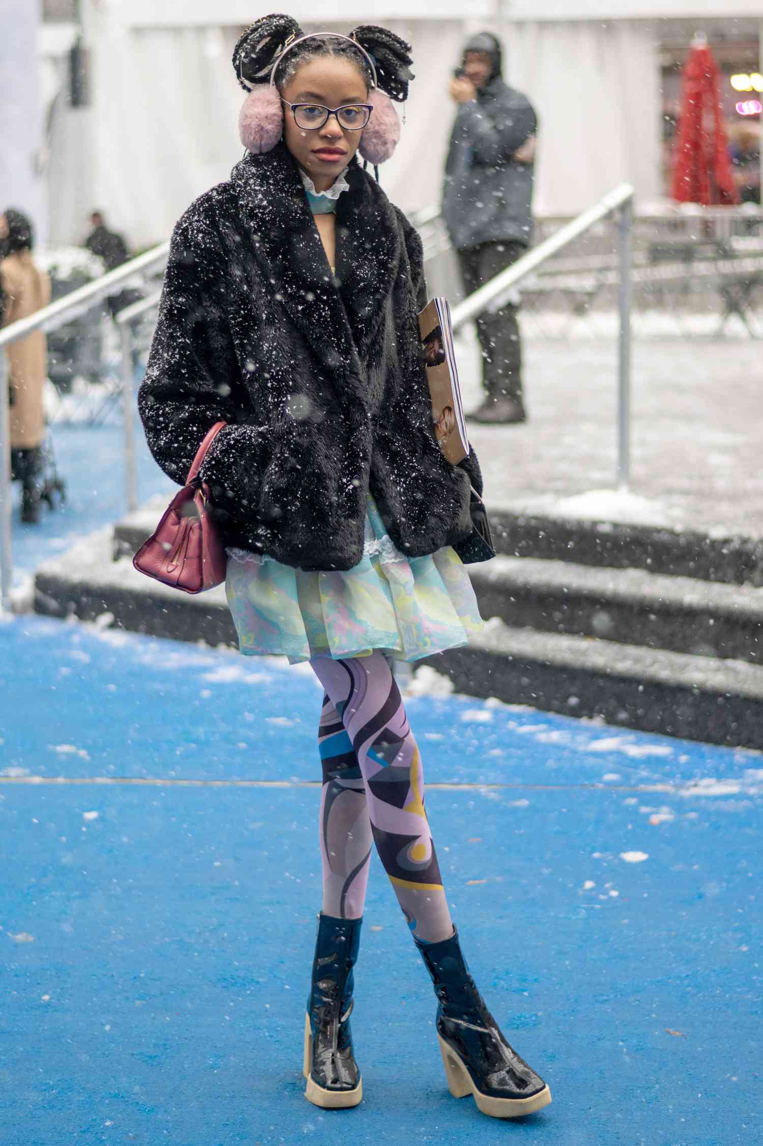 Faux Fur Jacket with Patterned Tights and Earmuffs Faux Fur Jacket with Patterned Tights and Earmuffs — Cute Winter Outfits