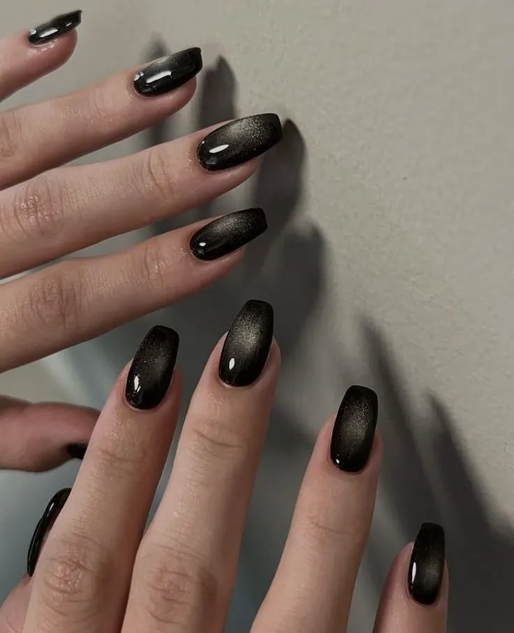 Black Cat-Eye Shimmer Coffin Nails Black Cat-Eye Shimmer Coffin Nails — Winter Black Nails