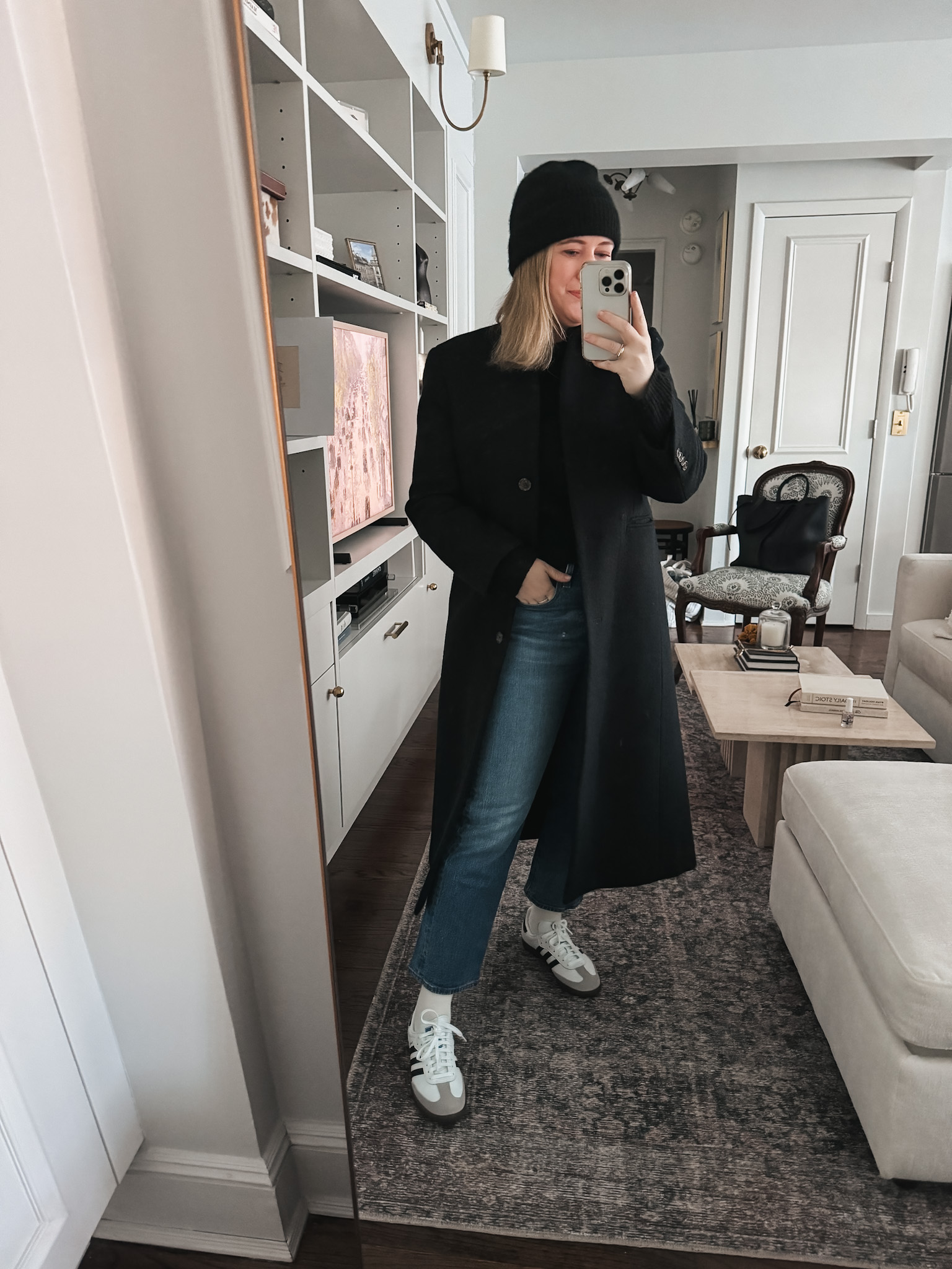 Classic Long Coat and Jeans with Adidas Sneakers Classic Long Coat and Jeans with Adidas Sneakers — Winter Outfits with Sneakers