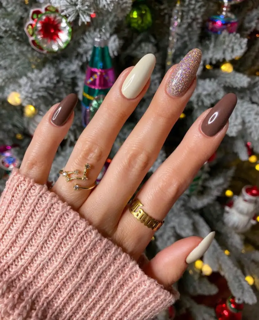 Chocolate Brown Glitter Accent Stiletto Nails Chocolate Brown Glitter Accent Stiletto Nails — Simple Winter Nails