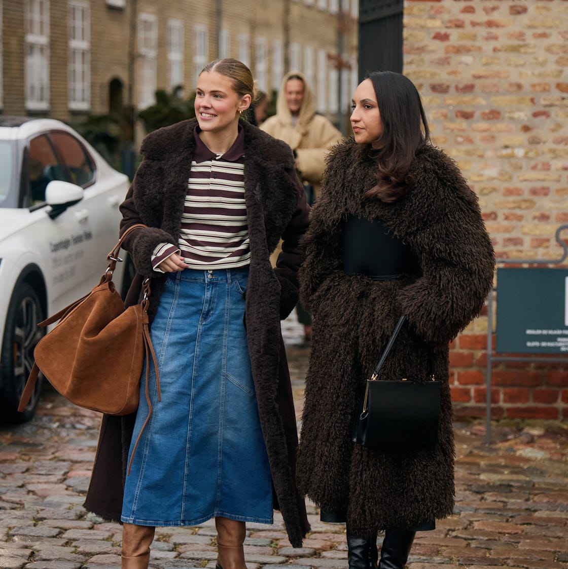 Shearling Coat Over Striped Shirt and Denim Skirt — Scandinavian Winter Outfits