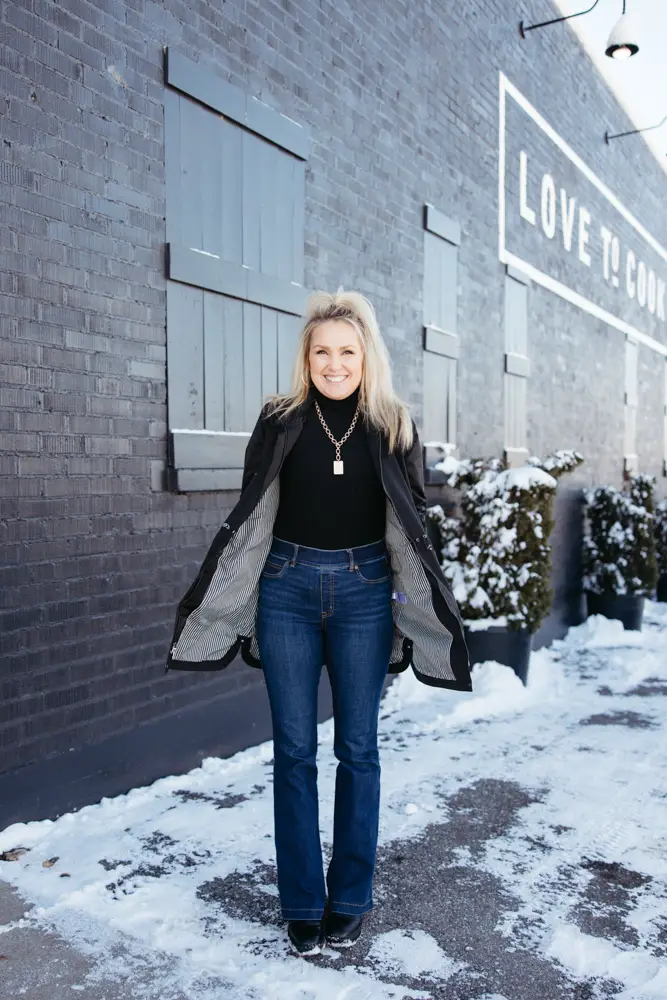 Blue Flare Jeans with a Black Turtleneck and Jacket Blue Flare Jeans with a Black Turtleneck and Jacket — Winter Outfits for Women Over 50