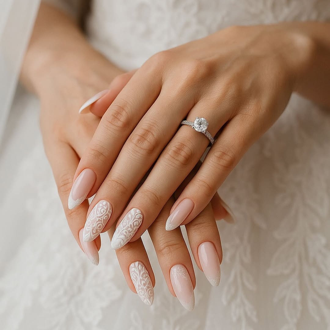 Glossy White Lace Glitter Almond Nails — Lace Nails