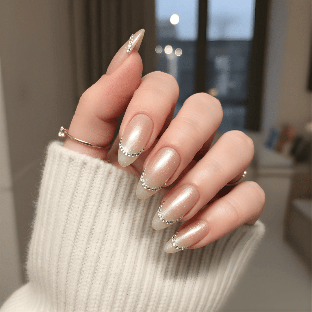 Pearlescent Beige Cuticle Rhinestone Crescent Pearlescent Beige Cuticle Rhinestone Crescent — Winter Almond Nails