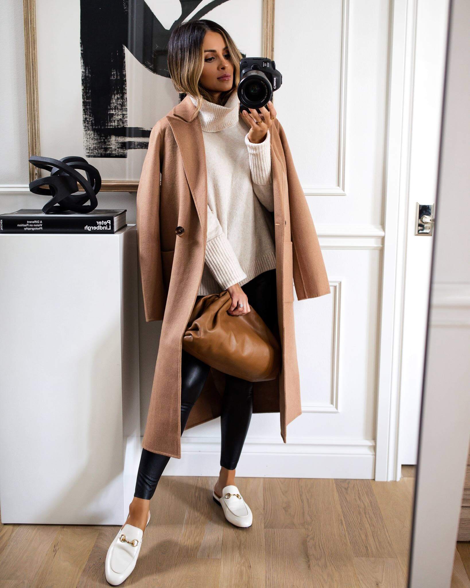Indoor Casual: Camel Coat with Faux Leather Leggings Indoor Casual: Camel Coat with Faux Leather Leggings — Camel Coat Outfits