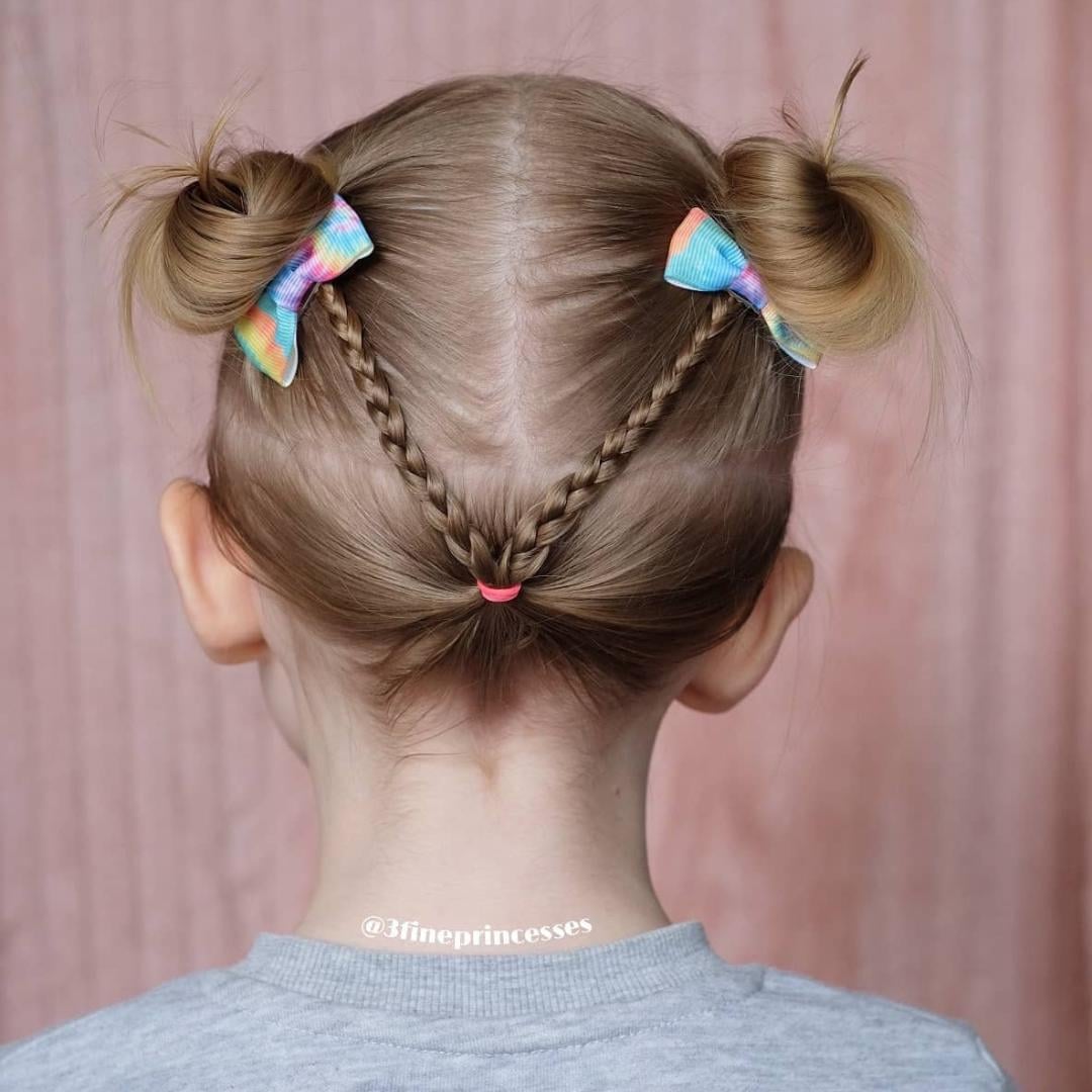 Light Brown Space Buns With Bows — Winter Hairstyles for School