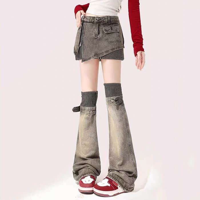 Distressed Denim Leg Warmers with Y2K Flair Distressed Denim Leg Warmers with Y2K Flair — Leg Warmers Outfits