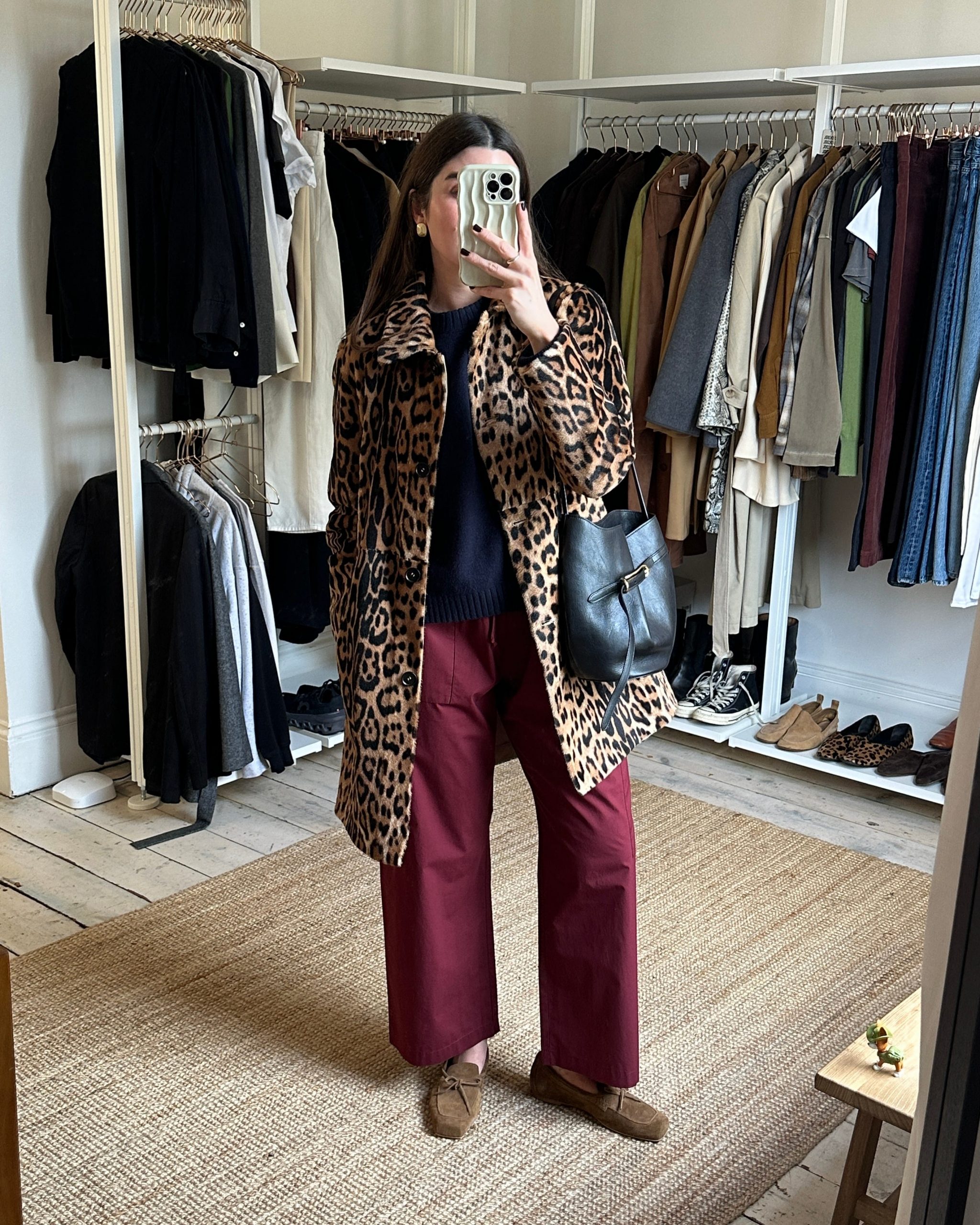 Leopard Coat with Navy Sweater and Burgundy Trousers Leopard Coat with Navy Sweater and Burgundy Trousers — Leopard Coat Outfits