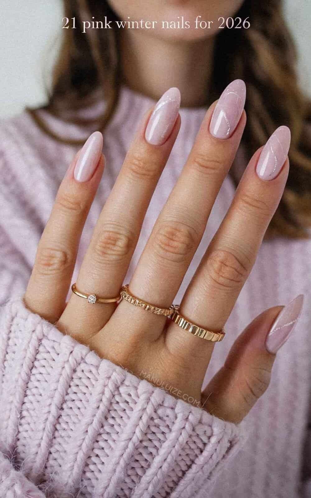 Delicate Silver Line Pink Shimmer Nails Delicate Silver Line Pink Shimmer Nails — Winter Pink Nails