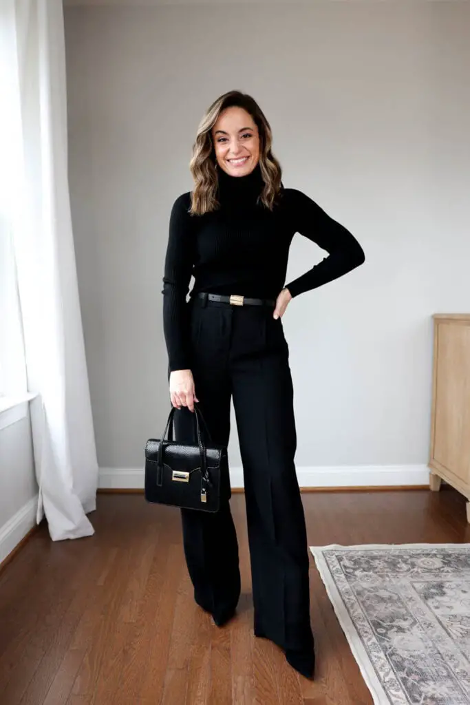 Ribbed Turtleneck with Wide-Leg Trousers for Workwear Sophistication — All Black Winter Outfits