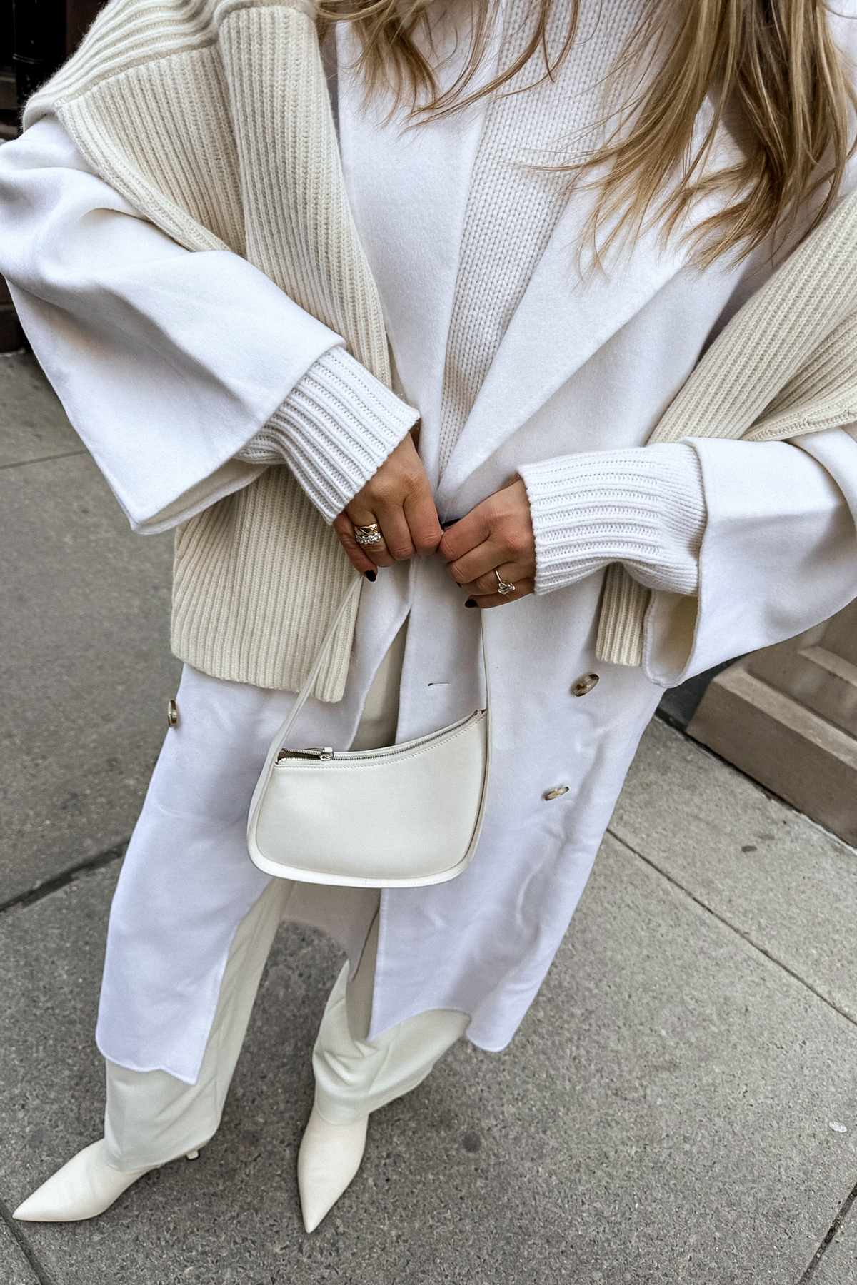 Cozy White Knit Layers with Draped Scarf — Winter White Outfits