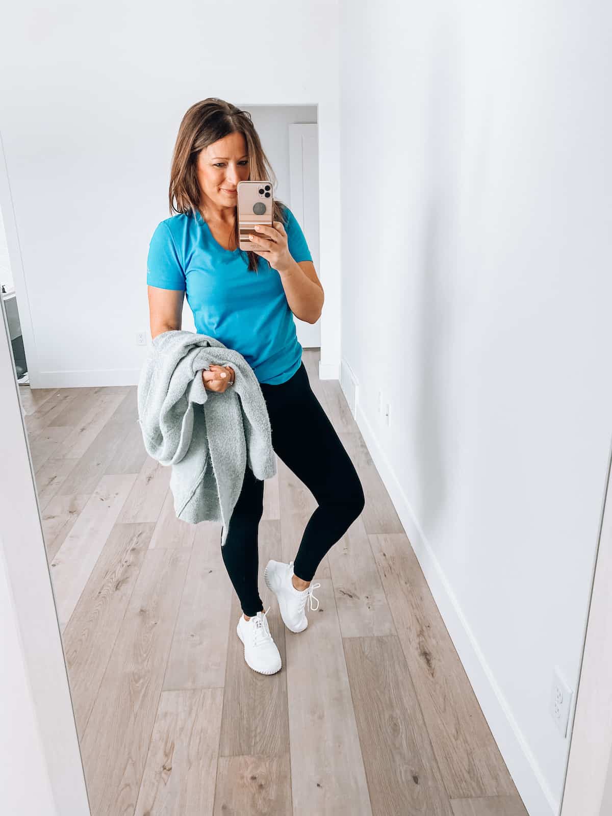 Effortless Comfort: Grey Cardigan with Blue Tee and Leggings Effortless Comfort: Grey Cardigan with Blue Tee and Leggings — Winter Outfits for Moms