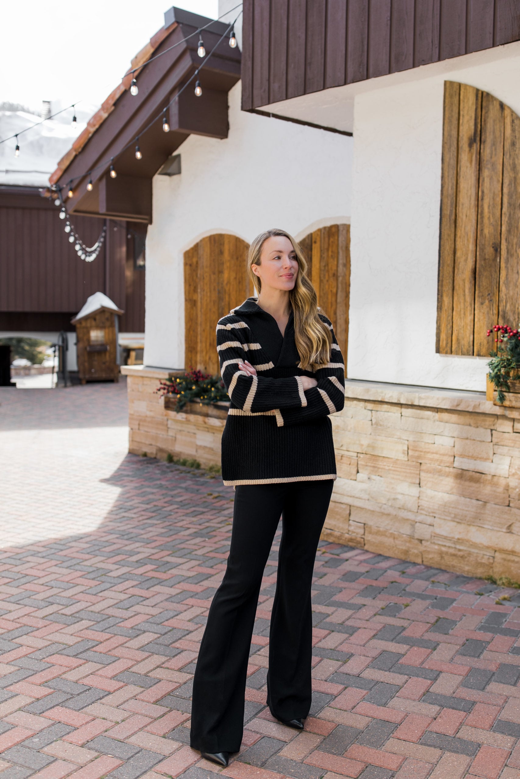 Striped Knit Sweater and Wide-Leg Trousers for Sophisticated Apres Ski Striped Knit Sweater and Wide-Leg Trousers for Sophisticated Apres Ski — Apres Ski Outfits