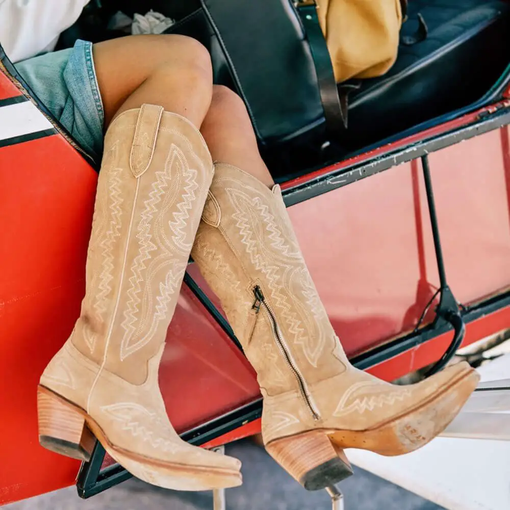 Tan Suede Cowboy Boots with Denim Shorts Tan Suede Cowboy Boots with Denim Shorts — Suede Boots Outfits