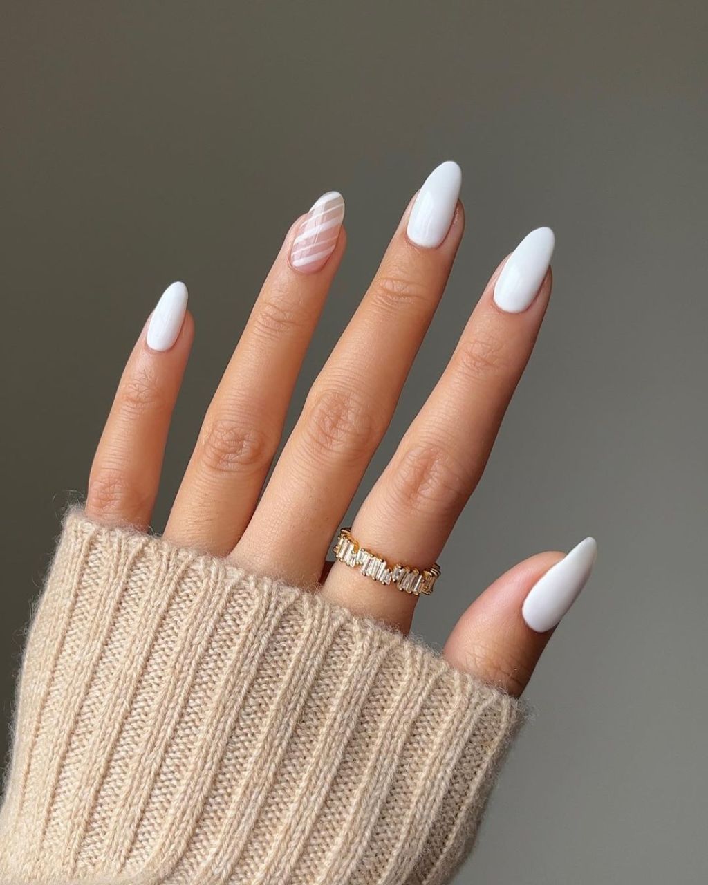 Opaque White with Pale Pink Lines Opaque White with Pale Pink Lines — Medium Length Winter Nails