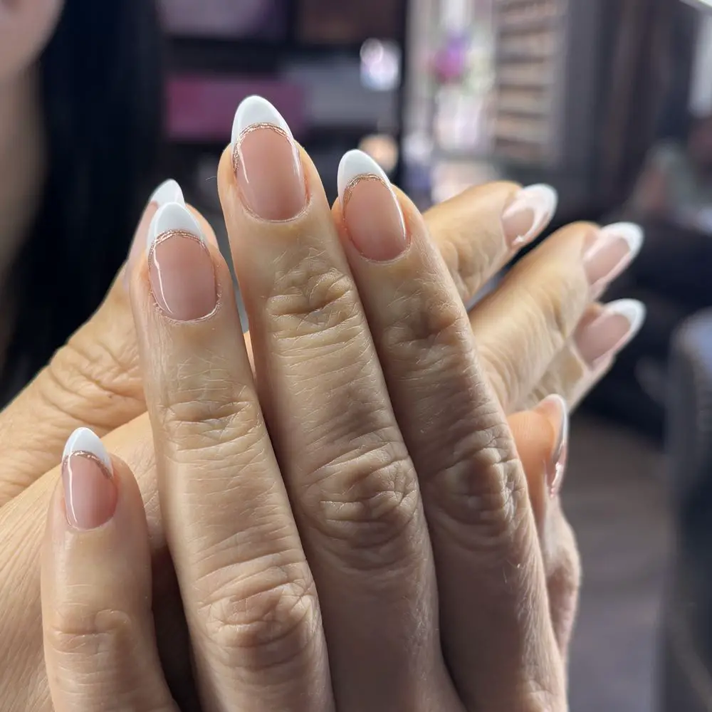 Classic French Gold Line Almond Nails — Winter Dip Powder Nails