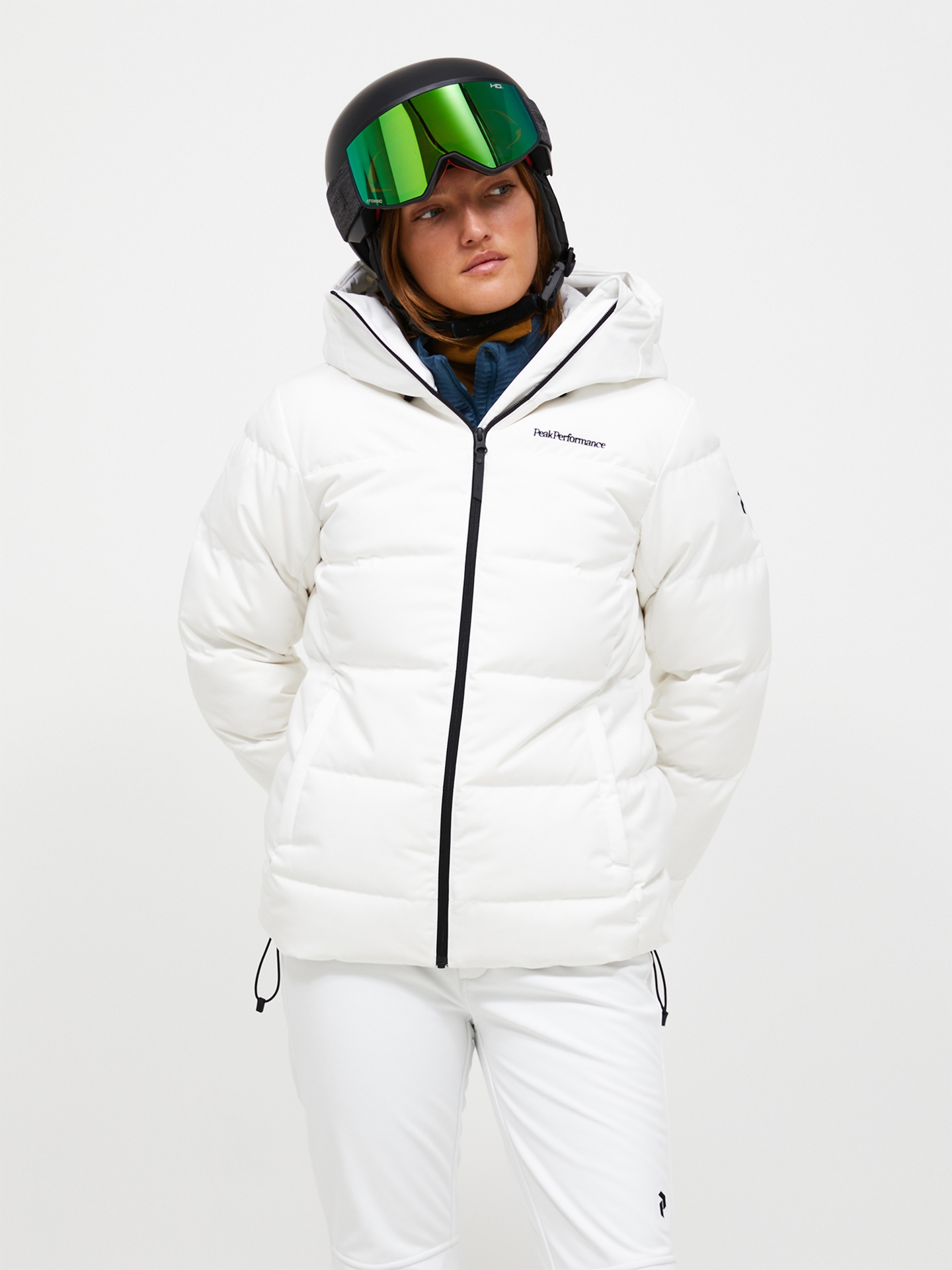 White Puffer Ski Jacket with Green Goggles White Puffer Ski Jacket with Green Goggles — Ski Outfits