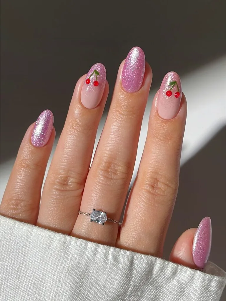 Cherry Glitter Accent Medium Oval Nails Cherry Glitter Accent Medium Oval Nails — Cute Nail Designs