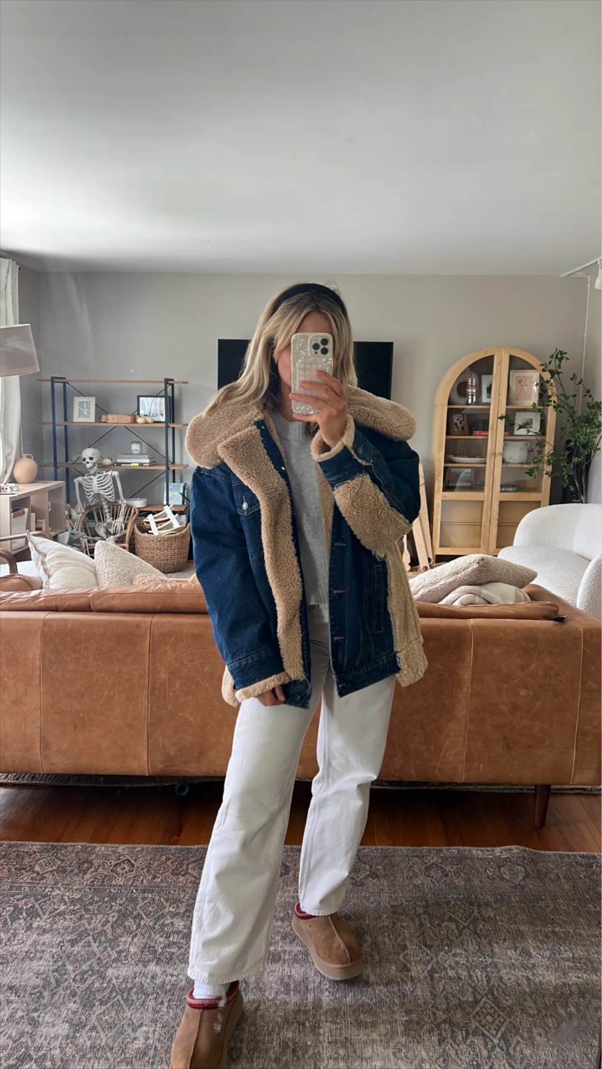 Denim Shearling Jacket with Grey Sweater and Clogs — Shearling Coat Outfits