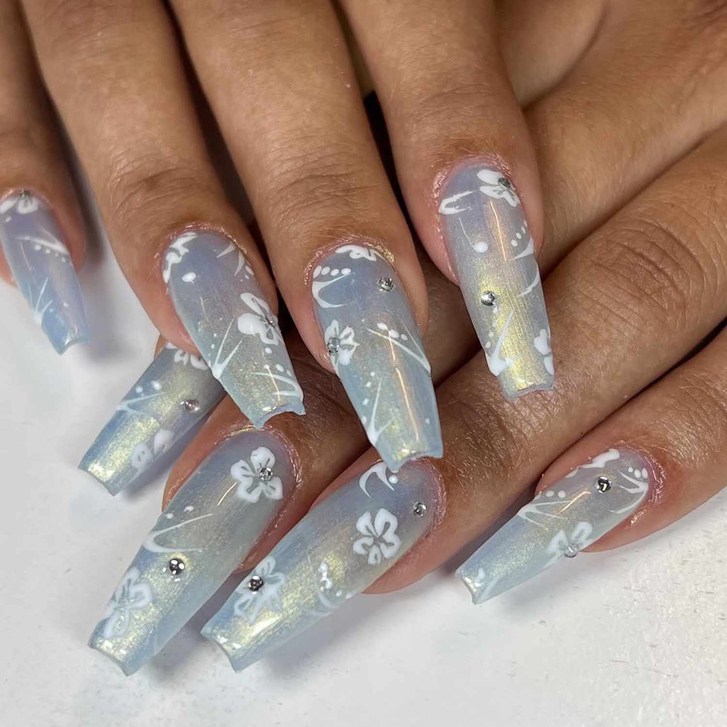Pale Blue Pearlescent Floral Nails Pale Blue Pearlescent Floral Nails — Winter Coffin Nails