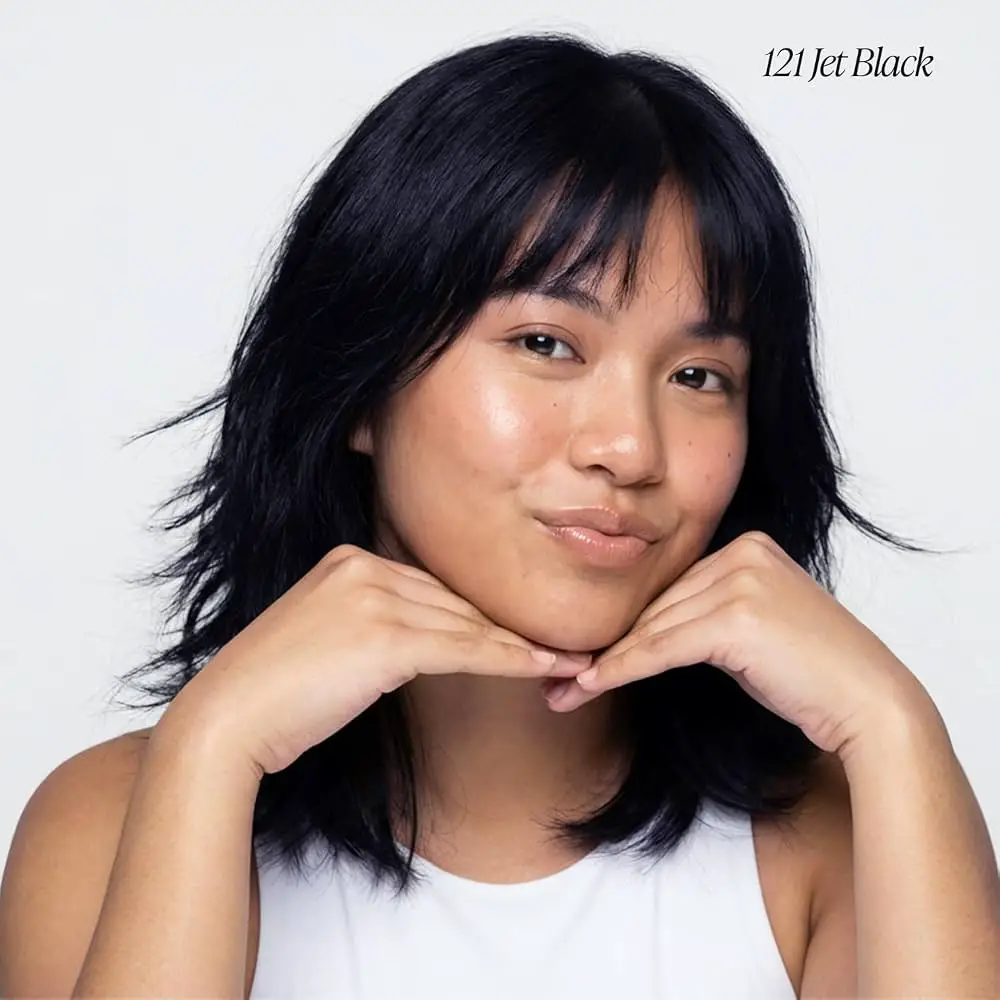 Front View Shoulder Length Layered Jet Black With Full Bangs Front View Shoulder Length Layered Jet Black With Full Bangs — Jet Black Hair