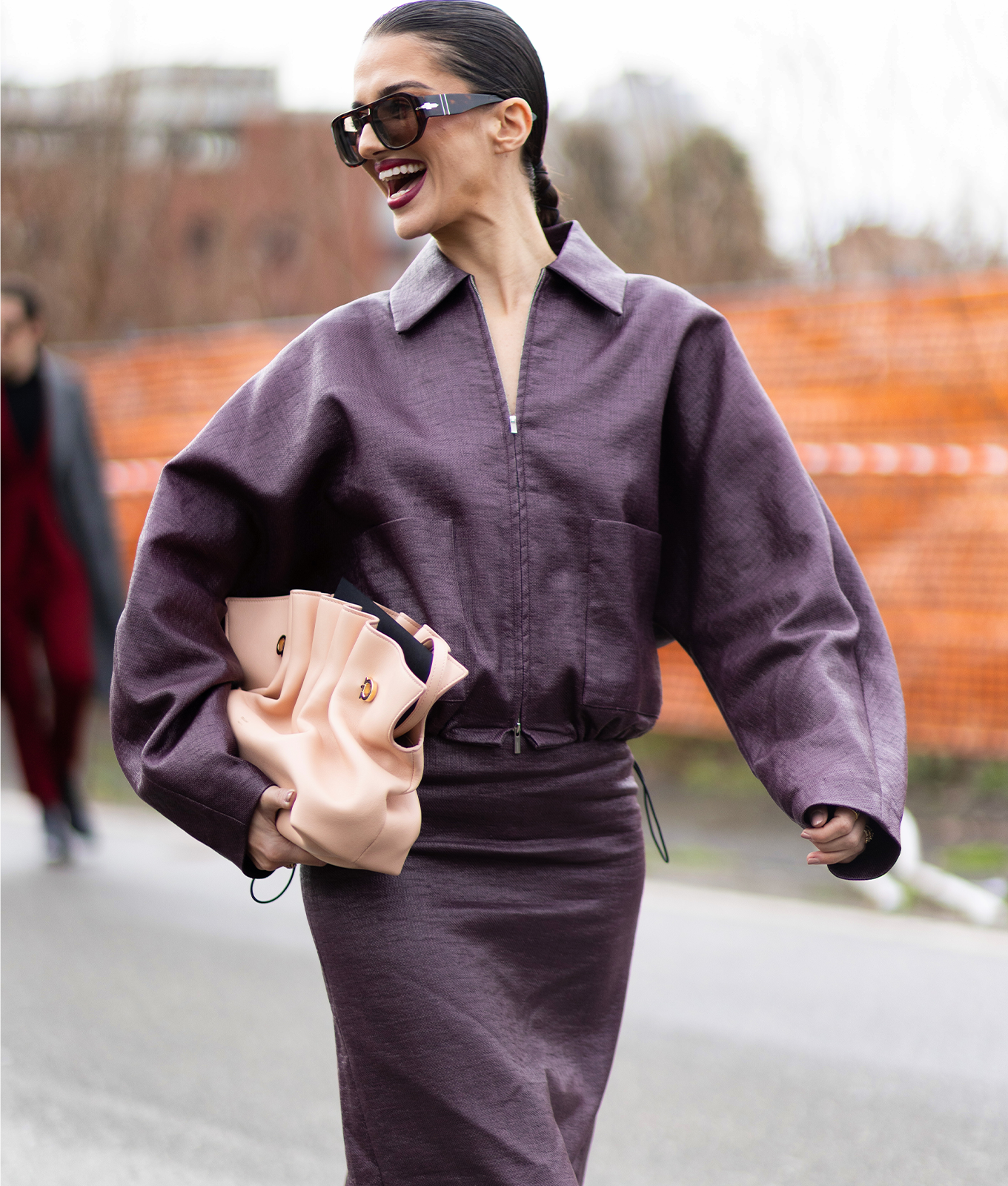Colorful Plaid Bomber Jacket Over Knit Top and Leather Skirt — Colorful Winter Outfits