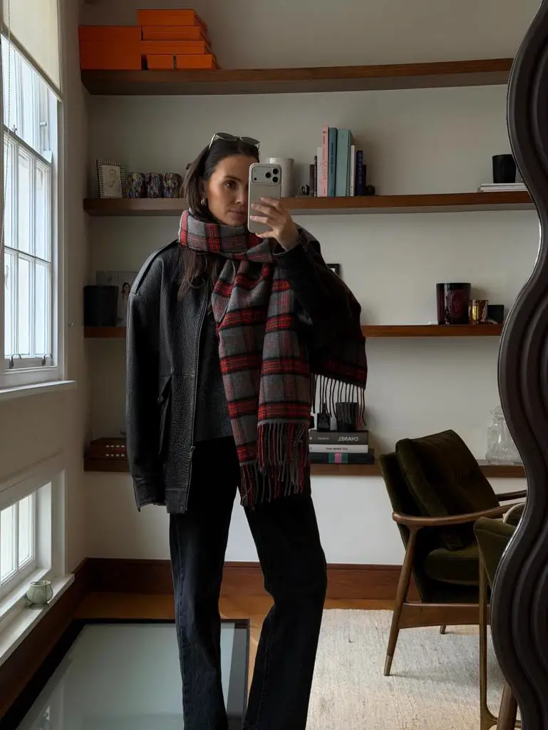 Leather Jacket and Plaid Scarf: Edgy Casual Winter Layering Leather Jacket and Plaid Scarf: Edgy Casual Winter Layering — Casual Winter Outfits