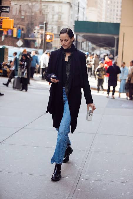 Long Black Wool Coat with Denim — Winter Streetwear Outfits