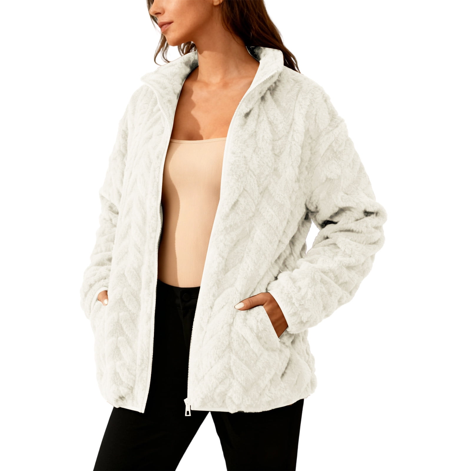 Opt for a Stand-Up Collar on a White Textured Fleece Jacket — Fleece Jacket Outfits