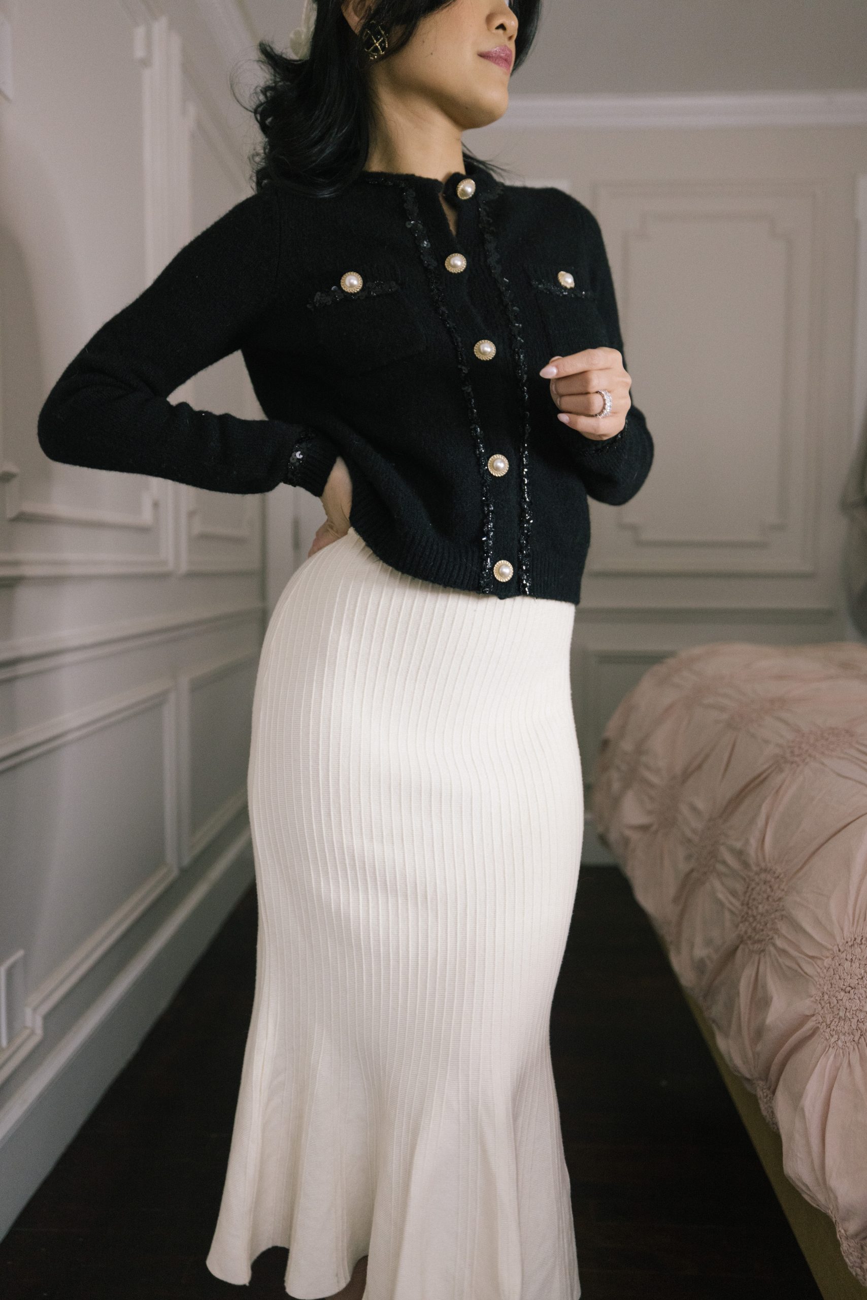 Cream Ribbed Knit Midi Skirt with Embellished Cardigan Cream Ribbed Knit Midi Skirt with Embellished Cardigan — Winter Skirt Outfits