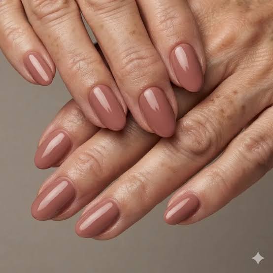 Muted Rose-Brown Glossy Oval Nails Muted Rose-Brown Glossy Oval Nails — Winter Nail Colors for Women Over 50