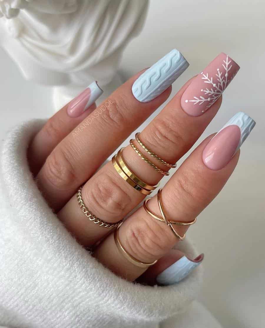 Matte Pink Cable Knit Snowflake Square Nails Matte Pink Cable Knit Snowflake Square Nails — Snowflake Nails