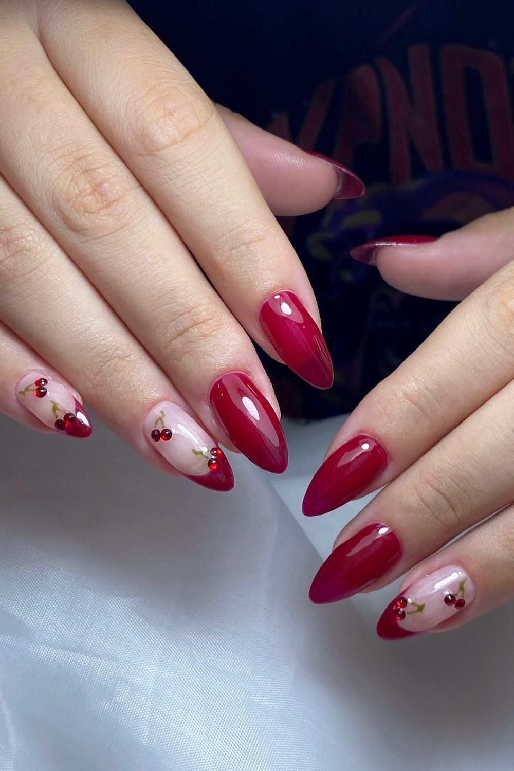 Stiletto Nails with Cherry Art and Rhinestones — Cherry Red Nails