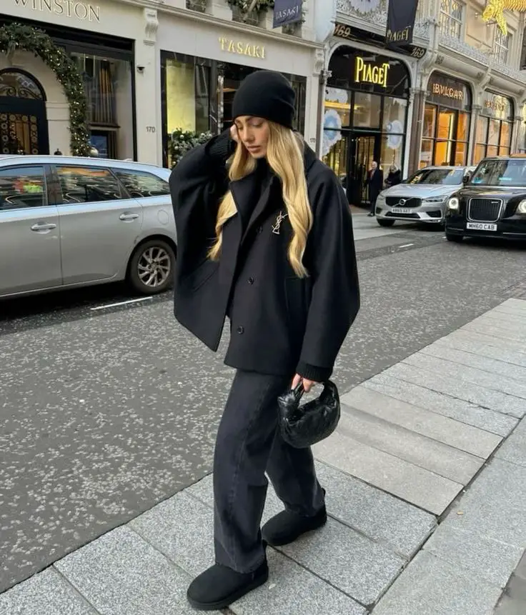 Urban Edge: Black Uggs with Oversized Blazer and Wide Jeans — Ugg Boots Outfits
