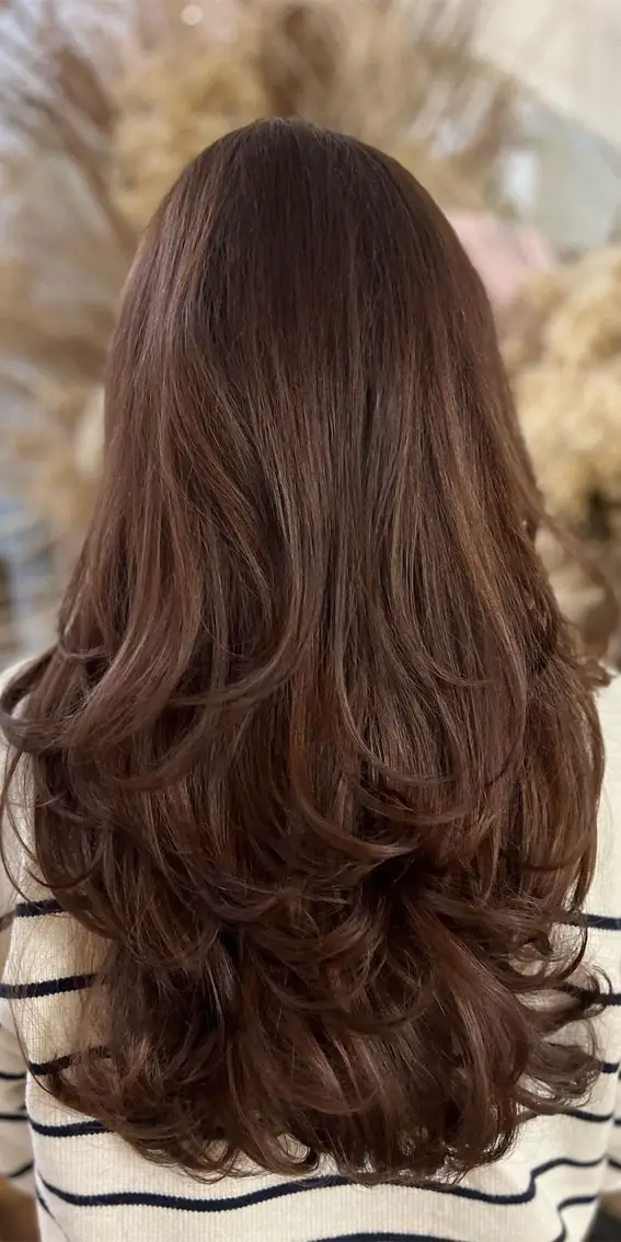 Mid-Back Layers With Reddish Undertones — Dark Chocolate Brown Hair